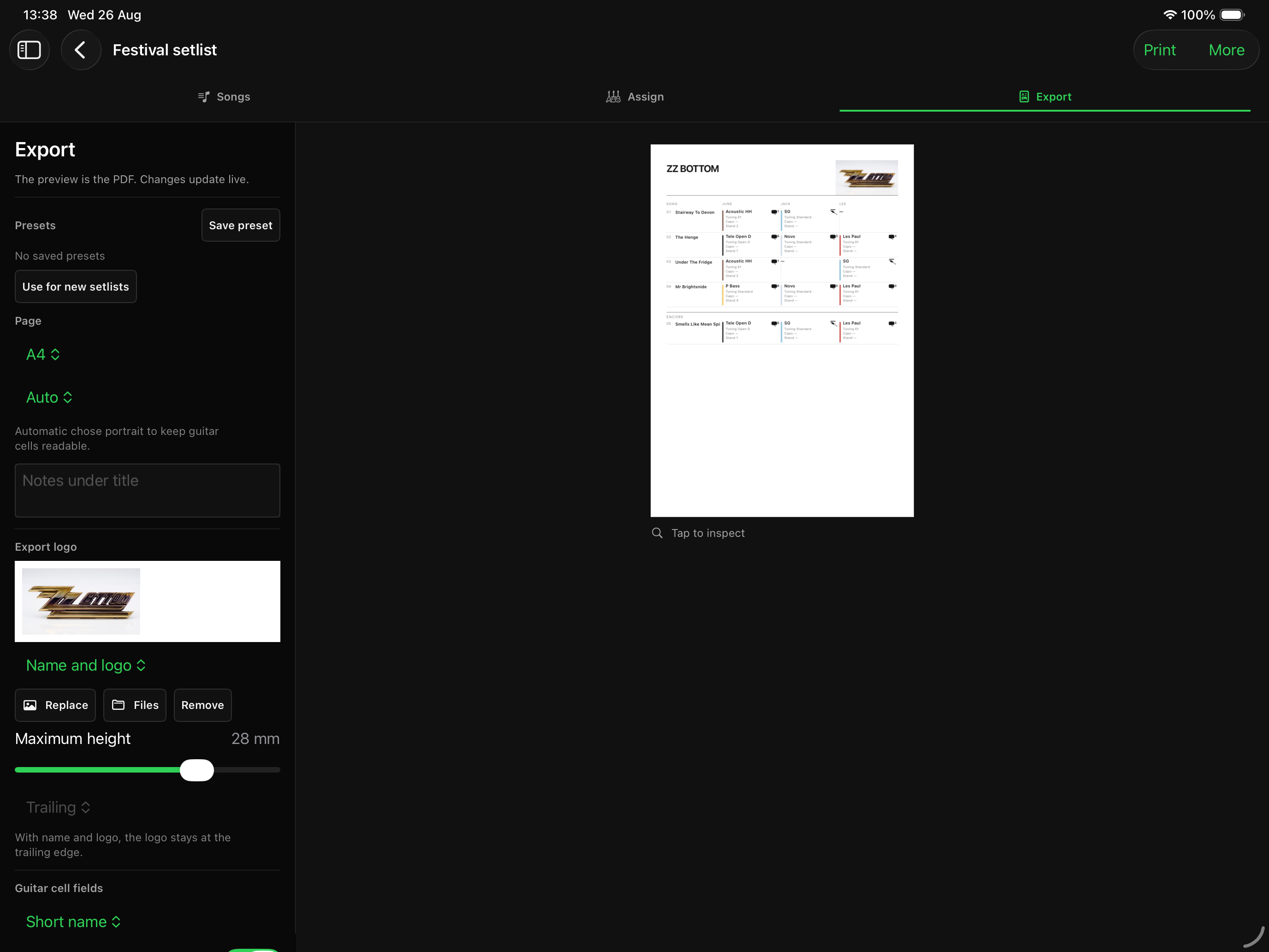 Setlist Designer export controls and print preview on iPad