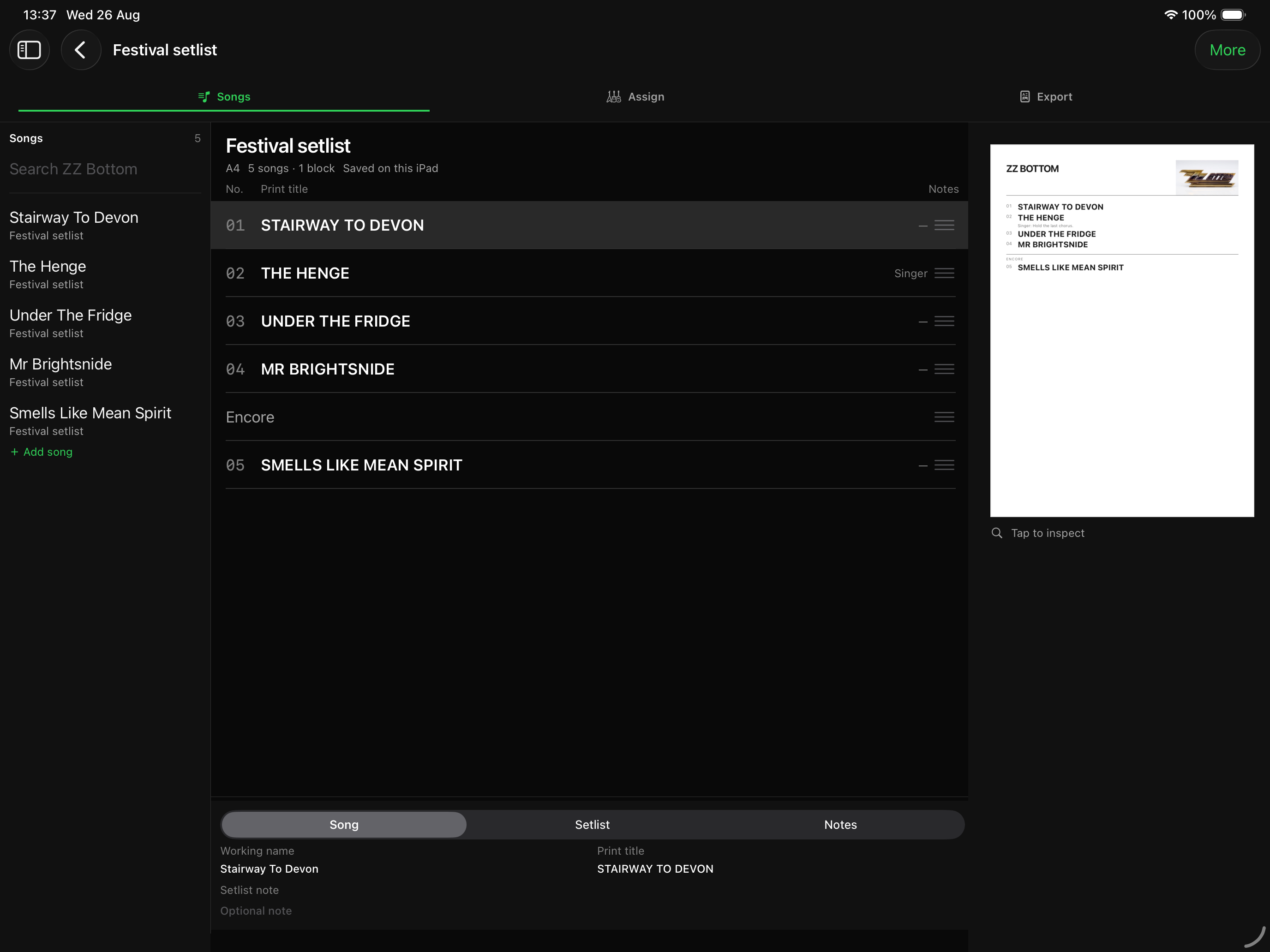 Setlist Designer running-order builder on iPad with songs, sections and notes